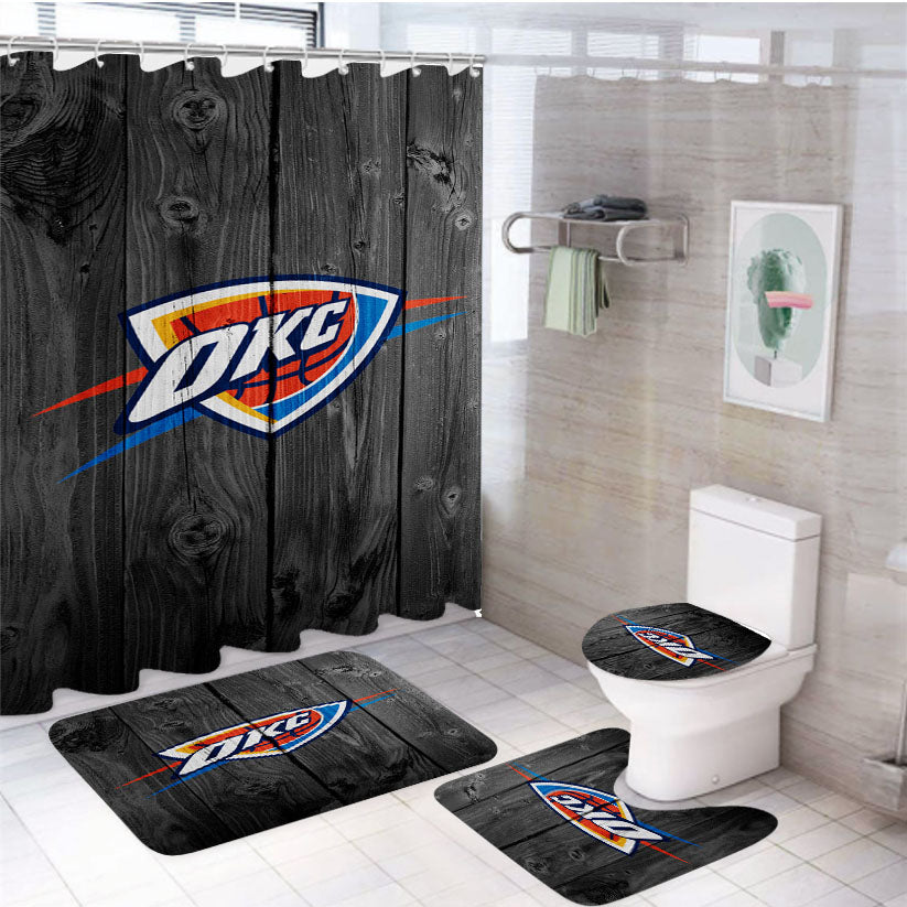 Oklahoma City Thunder Nba Logo Dark Wood Wallpaper 4Pcs Bathroom Set Shower Curtain