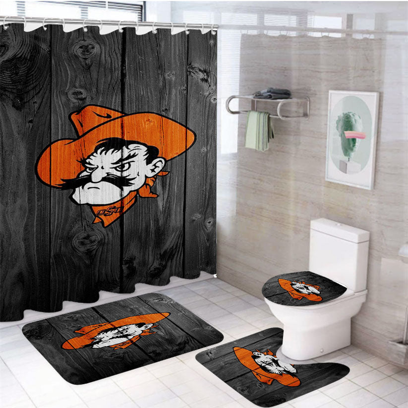 Oklahoma State Pistol Pete Logo Dark Wood Wallpaper 4Pcs Bathroom Set Shower Curtain