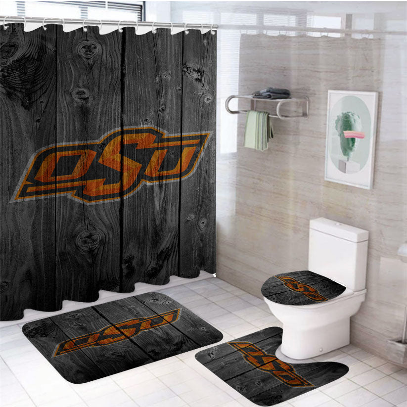 Oklahoma State University Osu Logo Dark Wood Wallpaper 4Pcs Bathroom Set Shower Curtain