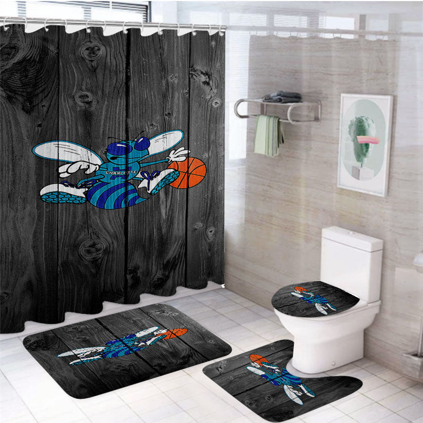 Old Charlotte Hornets Nba Logo Dark Wood Wallpaper 4Pcs Bathroom Set Shower Curtain
