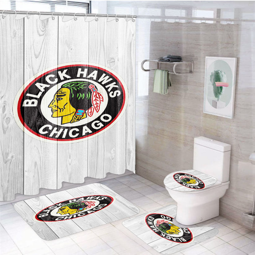 Old Chicago Blackhawks Nhl Logo White Wood Wallpaper 4Pcs Bathroom Set Shower Curtain