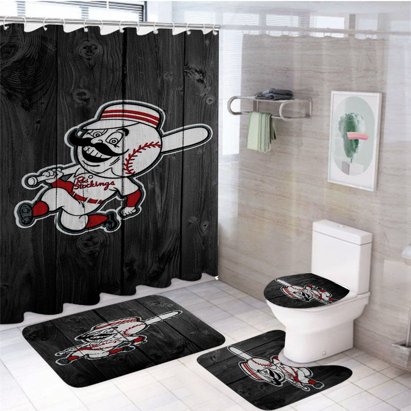 Old Cincinnati Redlegs Mlb Logo Dark Wood Wallpaper 4Pcs Bathroom Set Shower Curtain