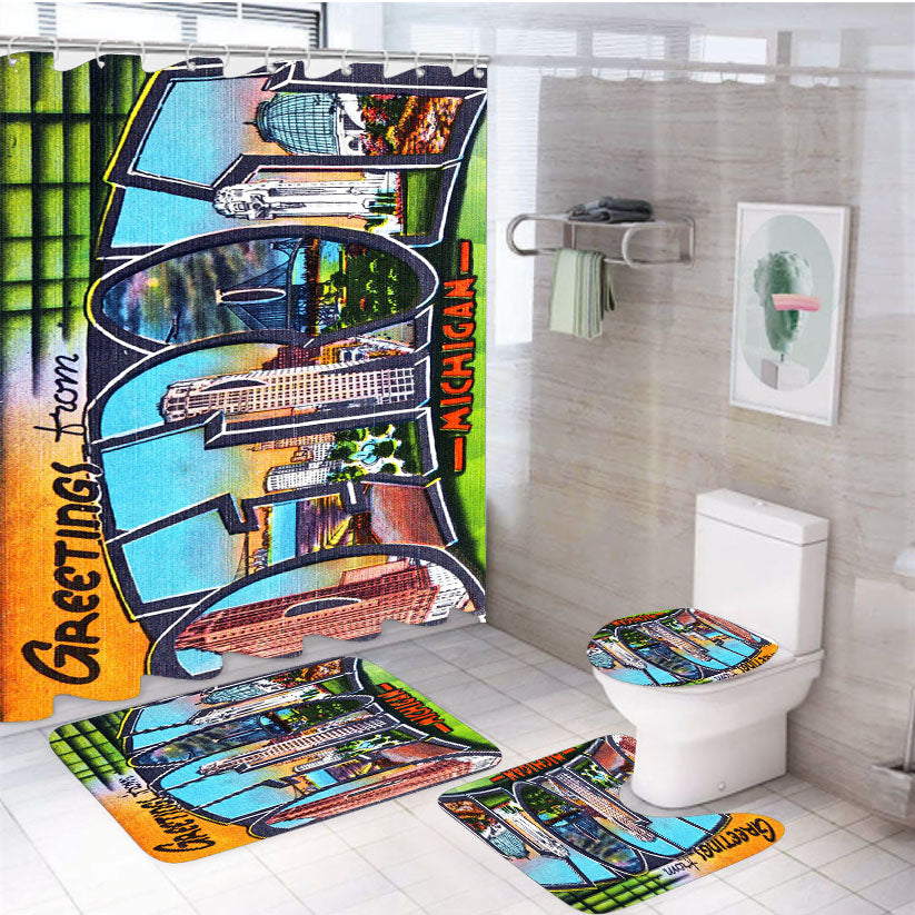 Old Classic Detroit Postcard 4Pcs Bathroom Set Shower Curtain