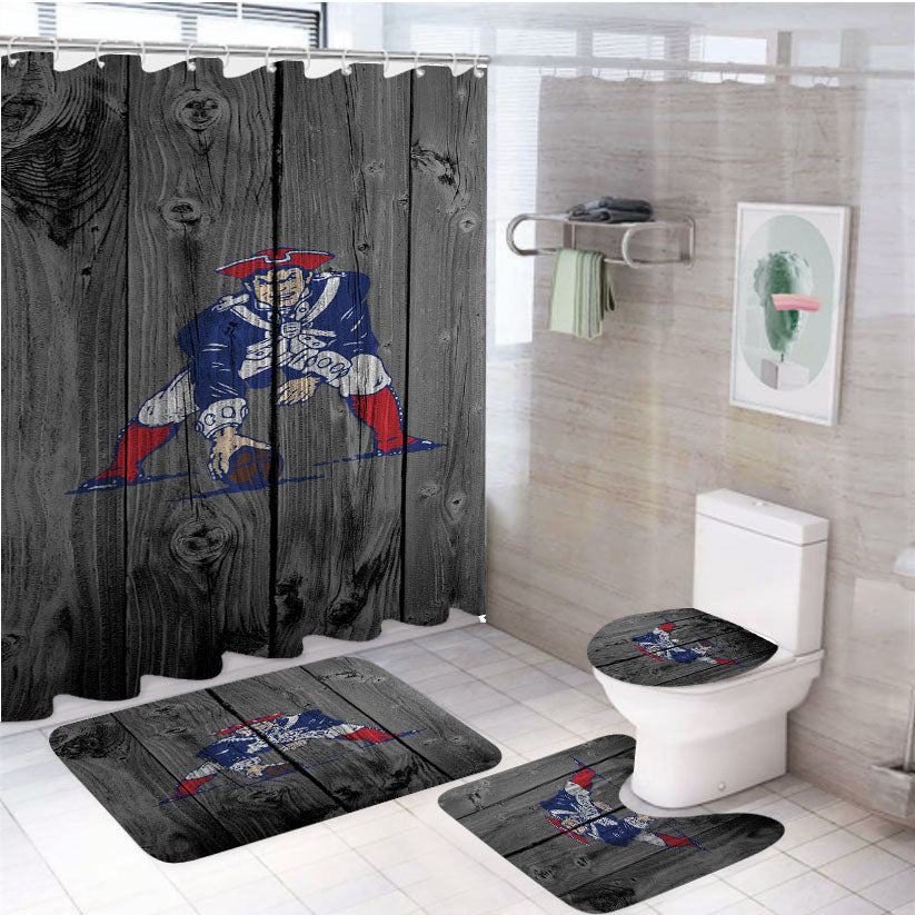 Old England Patriots Nfl Logo Dark Wood Wallpaper 4Pcs Bathroom Set Shower Curtain