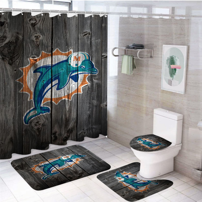 Old Miami Dolphins Nfl Logo Dark Wood Wallpaper 4Pcs Bathroom Set Shower Curtain