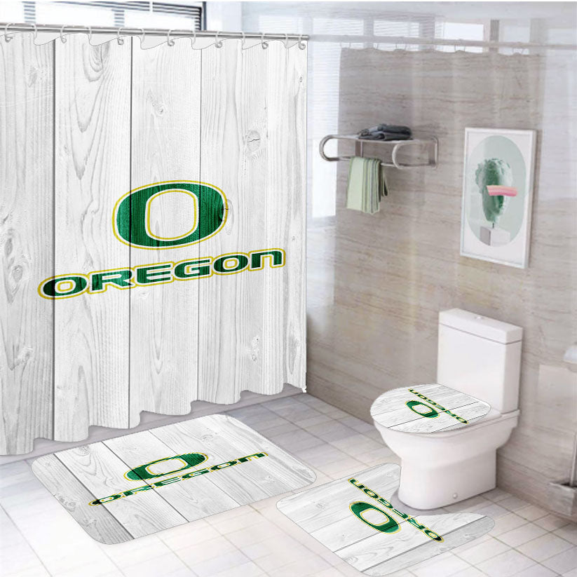 Oregon Ducks University Nfl Logo White Wood Wallpaper 4Pcs Bathroom Set Shower Curtain