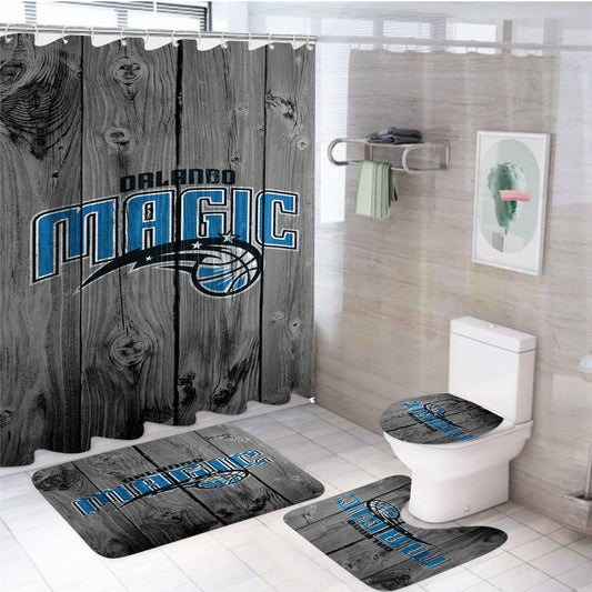 Orlando Magic Nba Logo Dark Wood Wallpaper 4Pcs Bathroom Set Shower Curtain