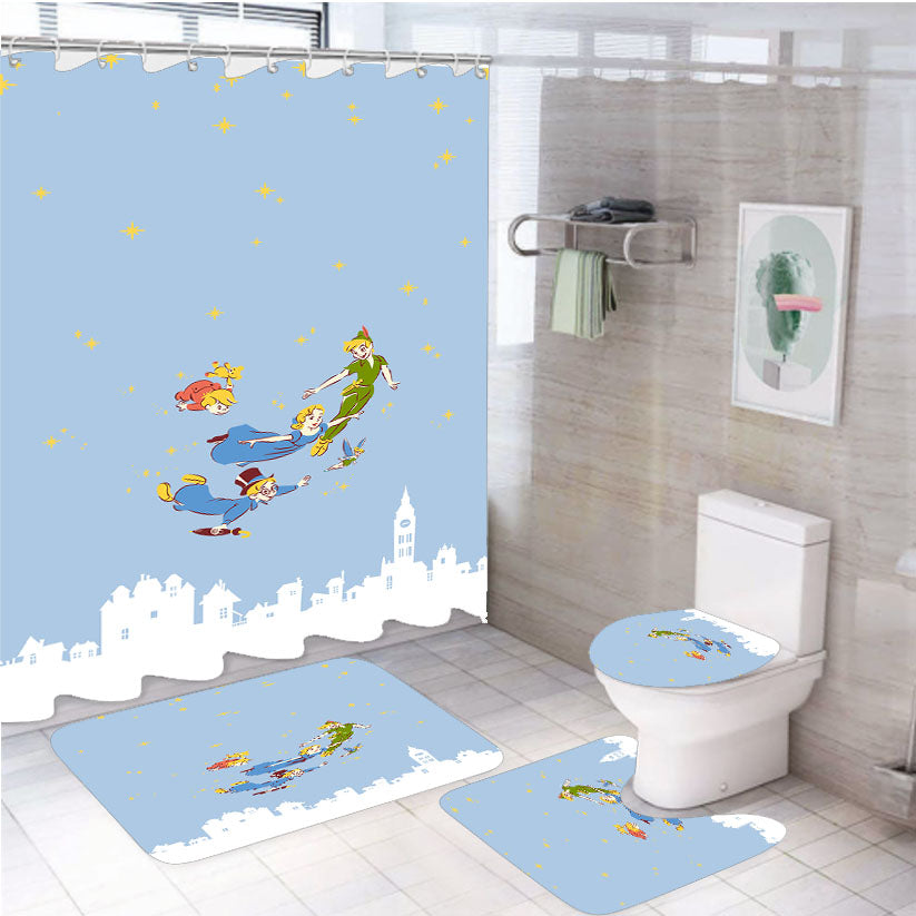 Peter Pan And Friends Flying Above New York Wallpaper 4Pcs Bathroom Set Shower Curtain