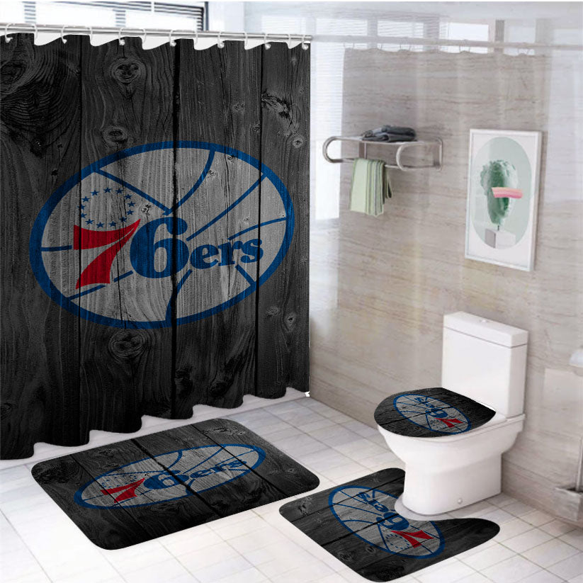 Philadelphia 76Ers Nba Logo Dark Wood Wallpaper 4Pcs Bathroom Set Shower Curtain