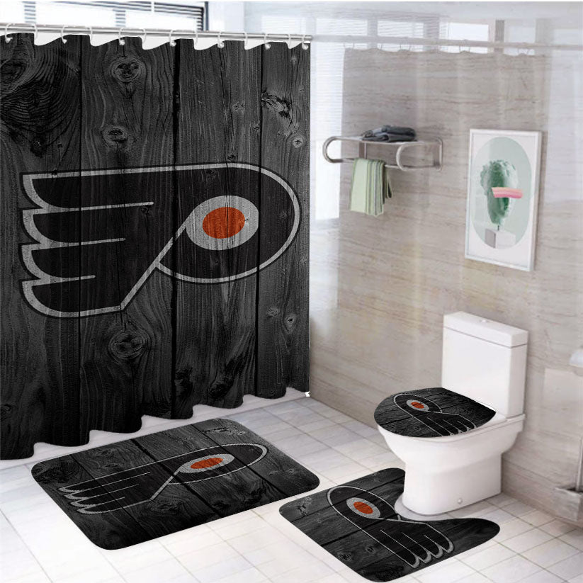 Philadelphia Flyers Nhl Logo Dark Wood Wallpaper 4Pcs Bathroom Set Shower Curtain