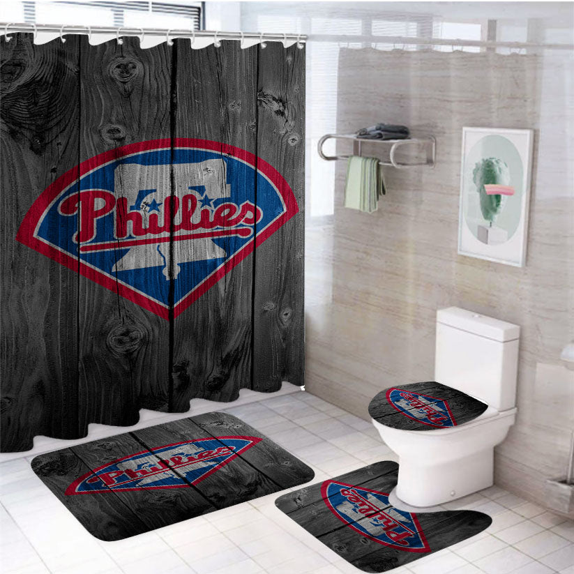 Philadelphia Phillies Mlb Logo Dark Wood Wallpaper 4Pcs Bathroom Set Shower Curtain