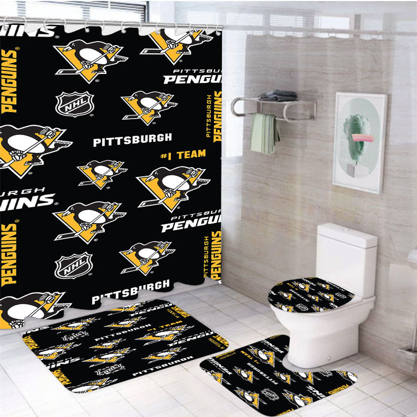 Pittsburgh Penguin Pattern 4Pcs Bathroom Set Shower Curtain