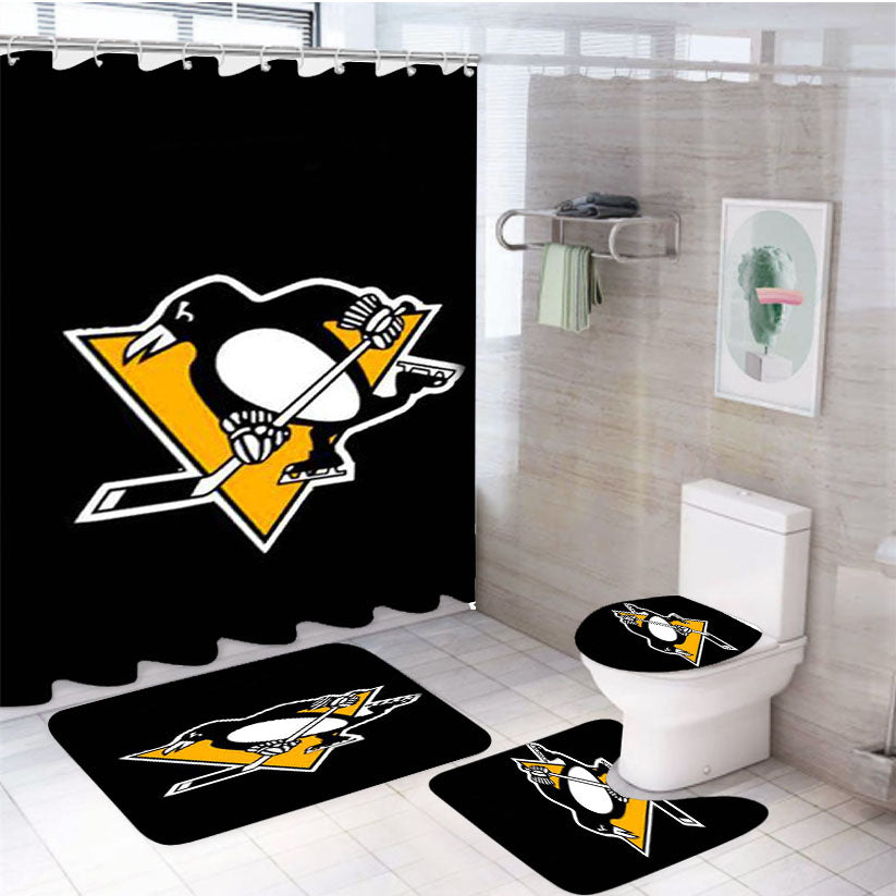 Pittsburgh Penguins Black Logo 4Pcs Bathroom Set Shower Curtain