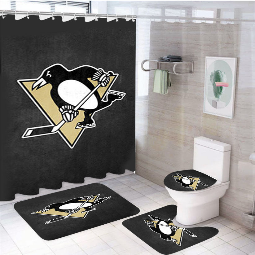 Pittsburgh Penguins Logo Dark Gray 4Pcs Bathroom Set Shower Curtain