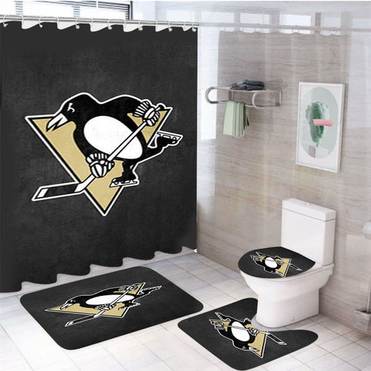 Pittsburgh Penguins Logo Dark Gray 4Pcs Bathroom Set Shower Curtain