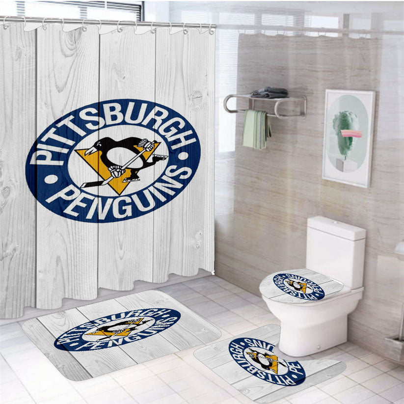 Pittsburgh Penguins Nhl Logo Wood Wallpaper 4Pcs Bathroom Set Shower Curtain