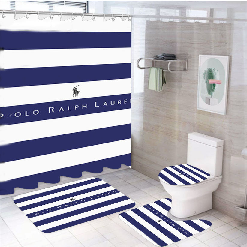 Polo Ralph Lauren Blue White Stripes 4Pcs Bathroom Set Shower Curtain