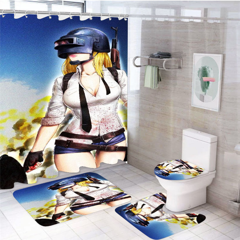 Pubg Helmet Girl 4Pcs Bathroom Set Shower Curtain