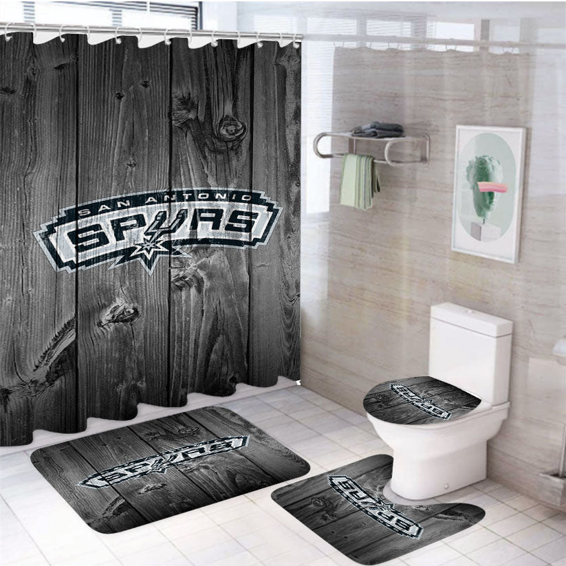 San Antonio Spurs Nba Logo Dark Wood Wallpaper 4Pcs Bathroom Set Shower Curtain