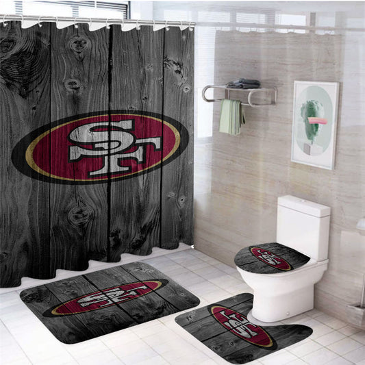 San Francisco 49Ers Nfl Wood Logo Dark Wood Wallpaper 4Pcs Bathroom Set Shower Curtain