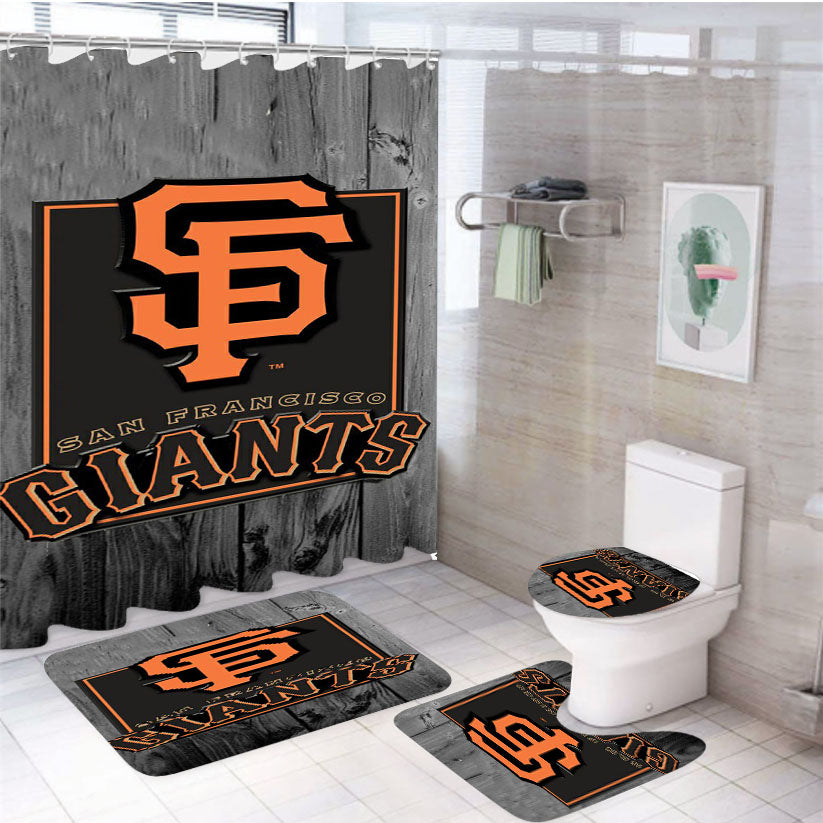 San Francisco Giants Logo Dark Wood Wallpaper 4Pcs Bathroom Set Shower Curtain