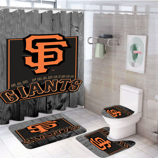 San Francisco Giants Logo Dark Wood Wallpaper 4Pcs Bathroom Set Shower Curtain