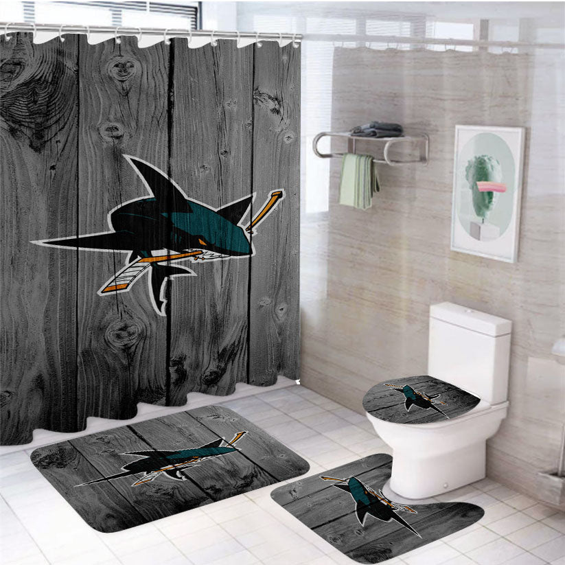 San Jose Sharks Nhl Logo Dark Wood Wallpaper 4Pcs Bathroom Set Shower Curtain