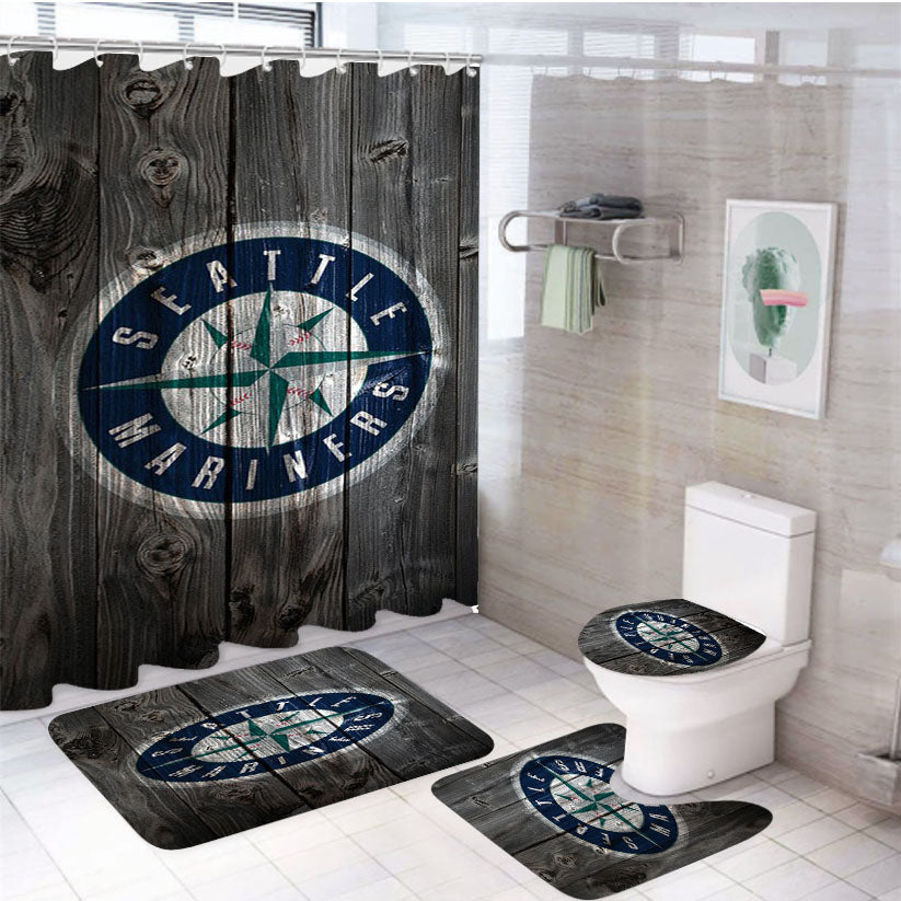 Seattle Mariners Mlb Logo Dark Wood Wallpaper 4Pcs Bathroom Set Shower Curtain