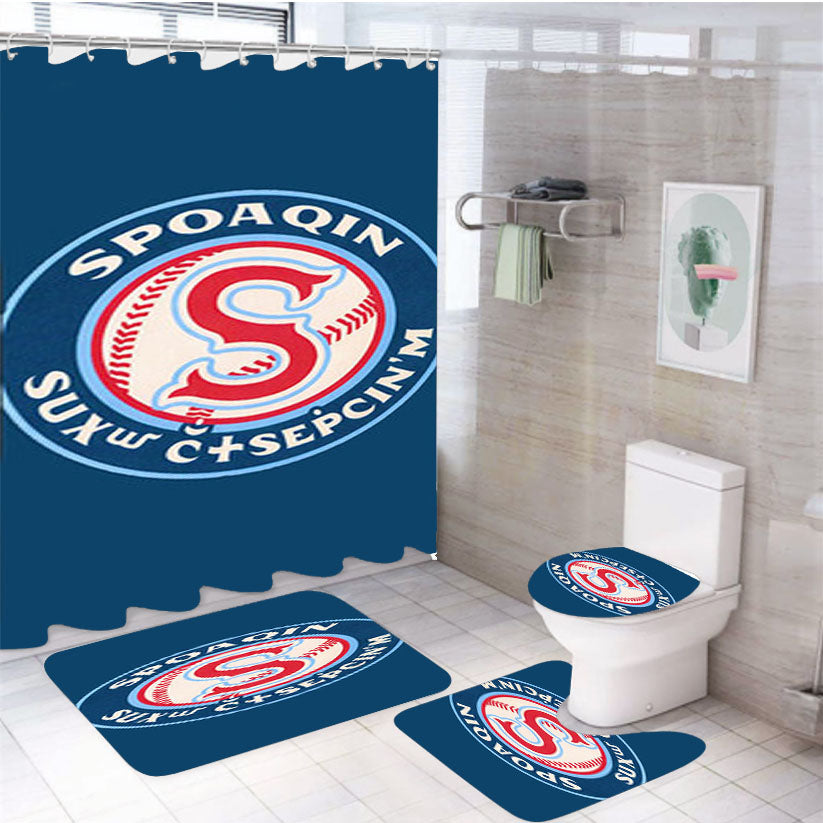 Spoaqin Indians Baseball Logo Blue 4Pcs Bathroom Set Shower Curtain