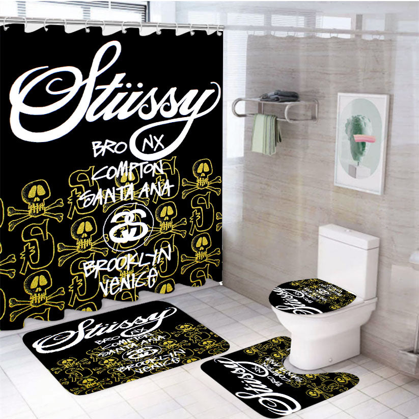 Stussy Skulls Pattern 4Pcs Bathroom Set Shower Curtain