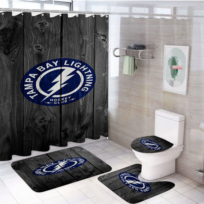 Tampa Bay Lightning Nhl Logo Dark Wood Wallpaper 4Pcs Bathroom Set Shower Curtain