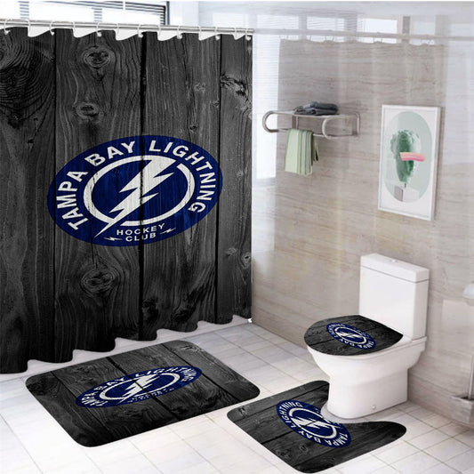 Tampa Bay Lightning Nhl Logo Dark Wood Wallpaper 4Pcs Bathroom Set Shower Curtain