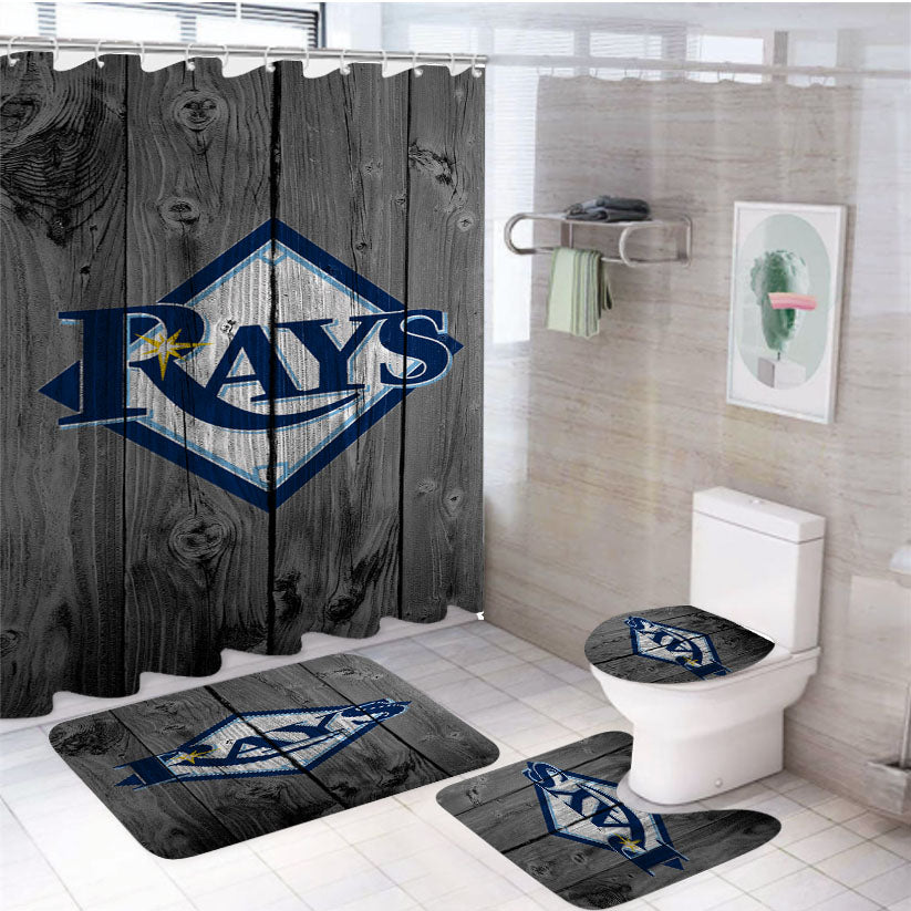 Tampa Bay Rays Mlb Logo Dark Wood Wallpaper 4Pcs Bathroom Set Shower Curtain