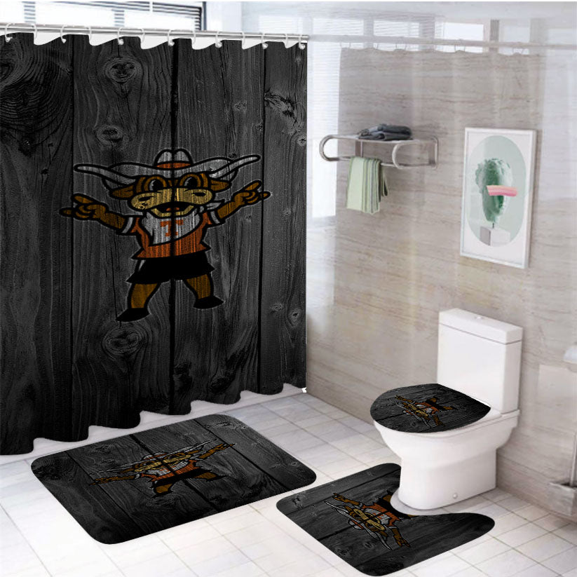Texas Longhorns Bull Logo Dark Wood Wallpaper 4Pcs Bathroom Set Shower Curtain