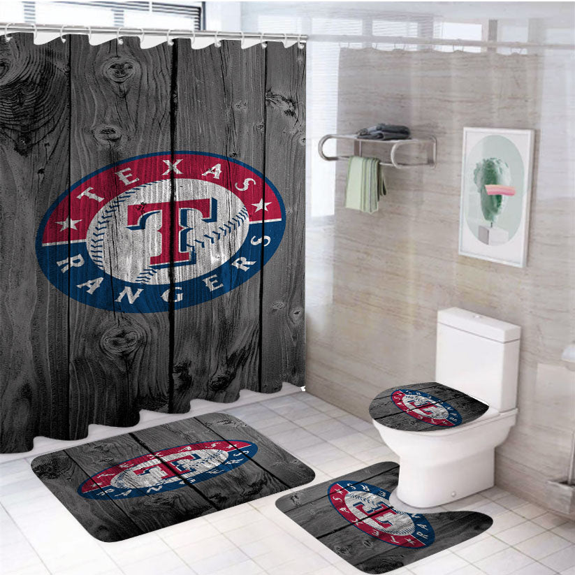 Texas Rangers Mlb Logo Dark Wood Wallpaper 4Pcs Bathroom Set Shower Curtain