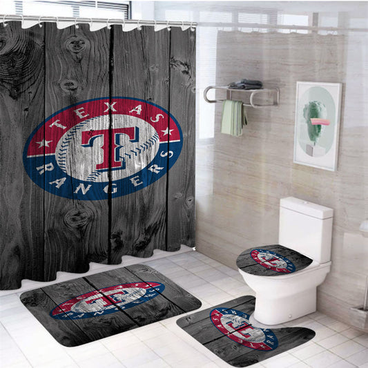 Texas Rangers Mlb Logo Dark Wood Wallpaper 4Pcs Bathroom Set Shower Curtain