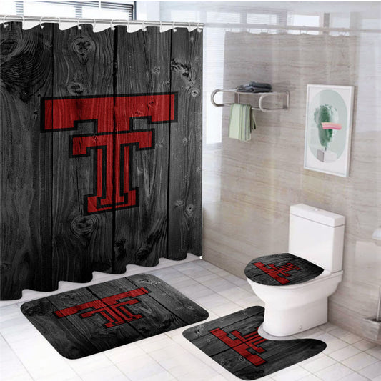 Texas Tech Red Raiders University Logo Dark Wood Wallpaper 4Pcs Bathroom Set Shower Curtain