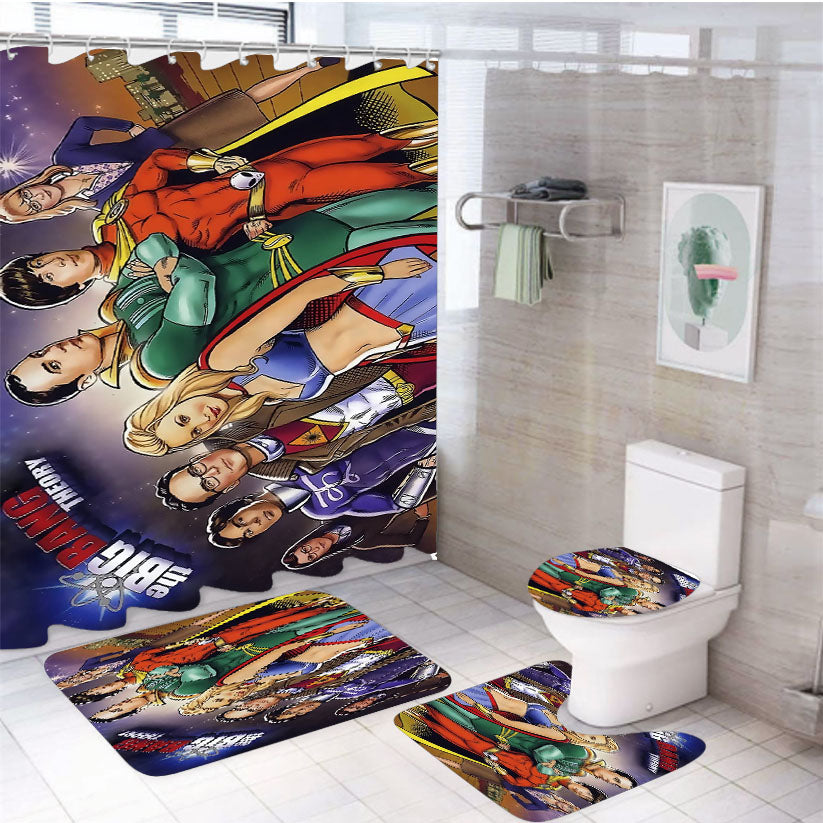The Big Bang Theory Cartoon Wallpaper 4Pcs Bathroom Set Shower Curtain