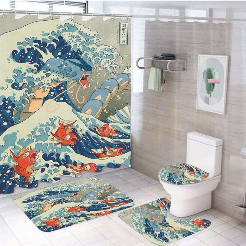 The Great Wave Off Kanto Blue 4Pcs Bathroom Set Shower Curtain