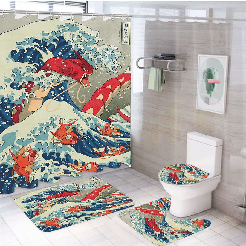 The Great Wave Off Kanto Red 4Pcs Bathroom Set Shower Curtain