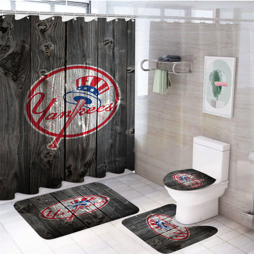 The New York Yankees Mlb Logo Dark Wood Wallpaper 4Pcs Bathroom Set Shower Curtain