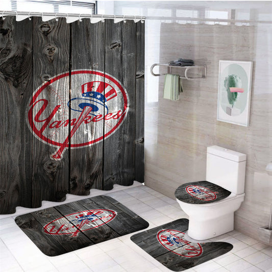 The New York Yankees Mlb Logo Dark Wood Wallpaper 4Pcs Bathroom Set Shower Curtain