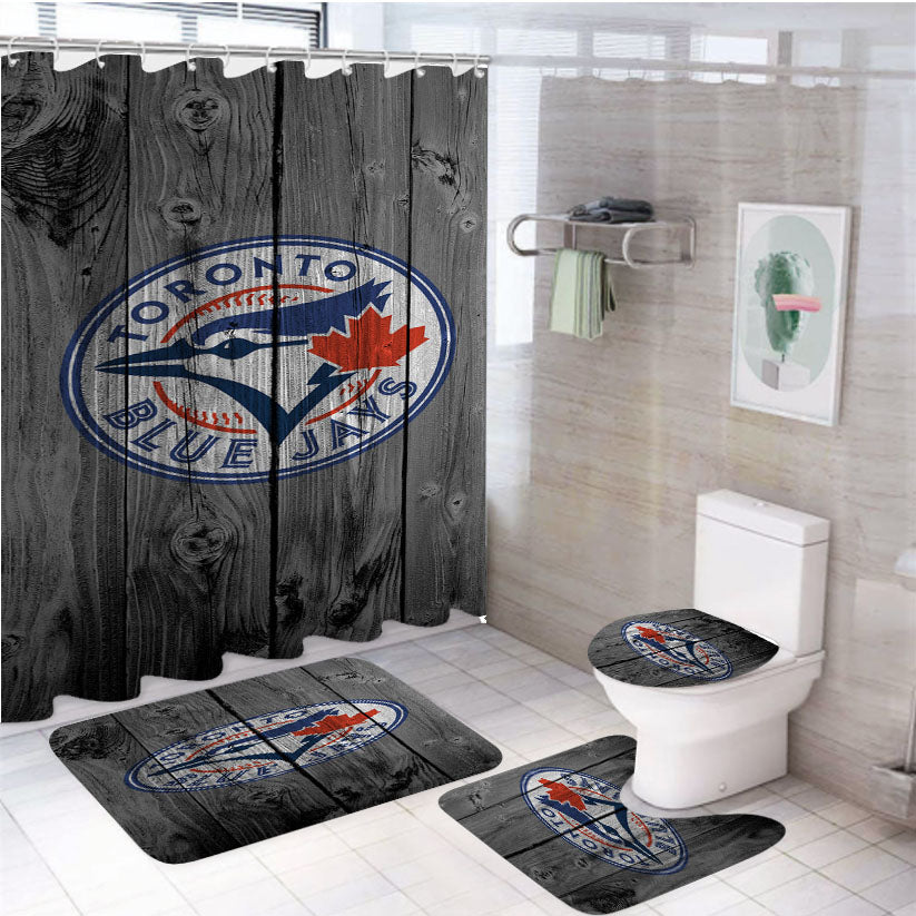 Toronto Blue Jays Mlb Logo Dark Wood Wallpaper 4Pcs Bathroom Set Shower Curtain