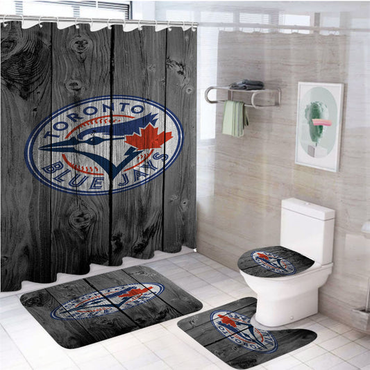 Toronto Blue Jays Mlb Logo Dark Wood Wallpaper 4Pcs Bathroom Set Shower Curtain