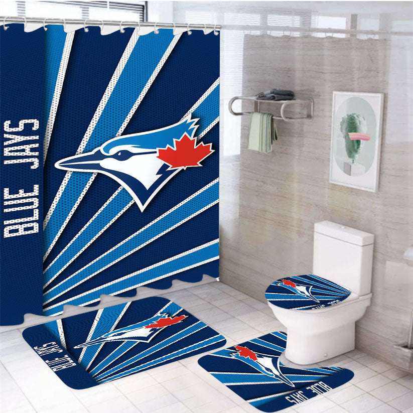 Toronto Blue Jays Stripe Wallpaper 4Pcs Bathroom Set Shower Curtain