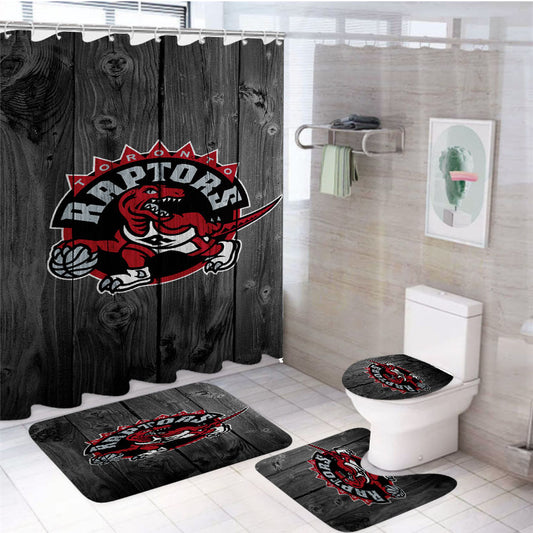 Toronto Raptors Nba Logo Dark Wood Wallpaper 4Pcs Bathroom Set Shower Curtain