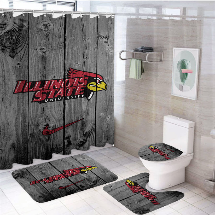 University Of Illinois State Redbirds Logo Dark Wood Wallpaper 4Pcs Bathroom Set Shower Curtain