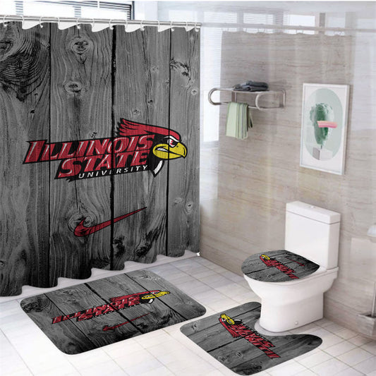 University Of Illinois State Redbirds Logo Dark Wood Wallpaper 4Pcs Bathroom Set Shower Curtain