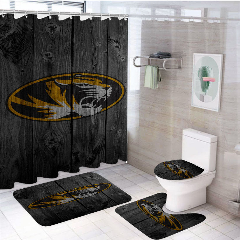 University Of Missouri Tigers Logo Dark Wood Wallpaper 4Pcs Bathroom Set Shower Curtain