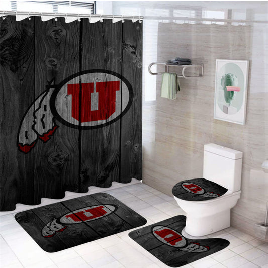 Utah University Logo Dark Wood Wallpaper 4Pcs Bathroom Set Shower Curtain